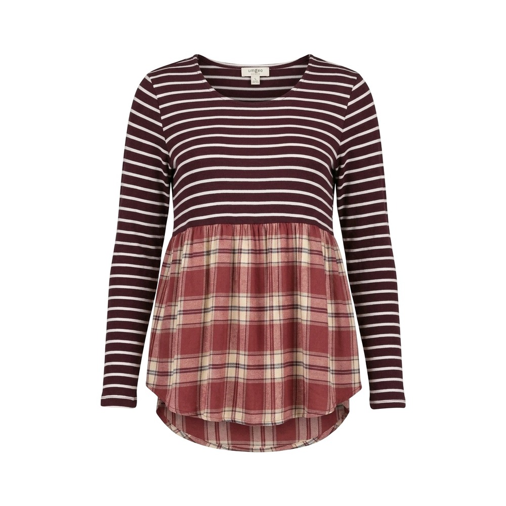 Umgee Womens Burgundy Striped Plaid Mixed Media Tunic Top Elbow Patch Large